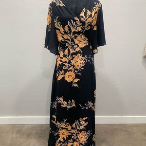 Black Maxi Dress with Yellow Floral Print and Wrap Front